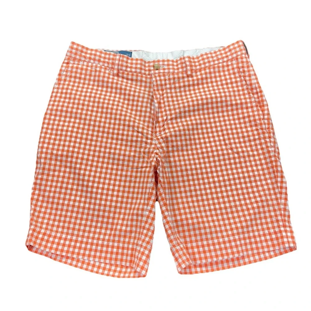 Vintage Polo Ralph Lauren Suffield Shorts Mens 35x9 Orange Gingham Check Preppy - Picture 1 of 13